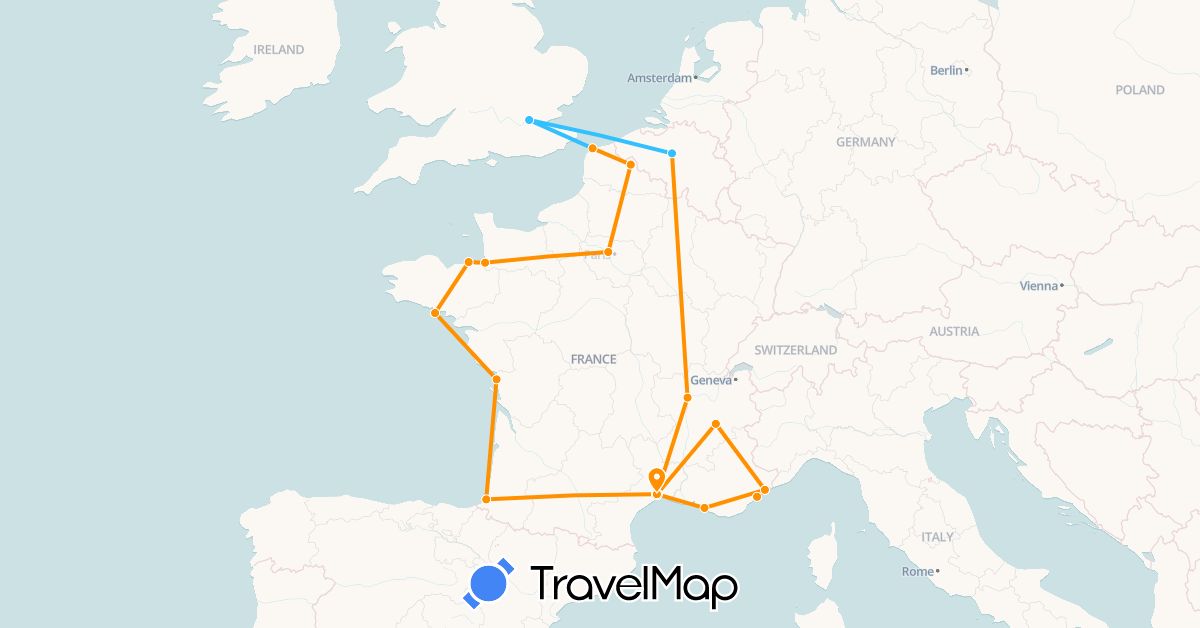 TravelMap itinerary: boat, hitchhiking in Belgium, France, United Kingdom (Europe)
